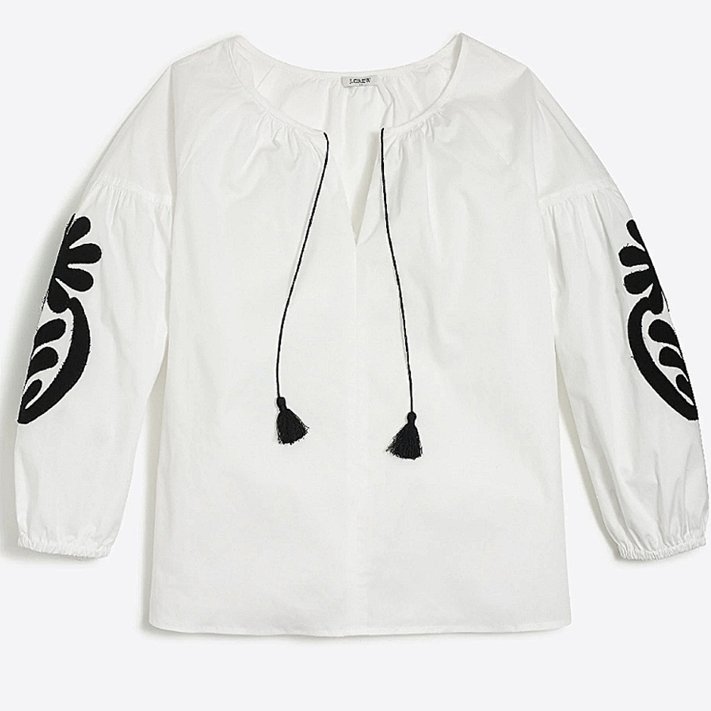 J. Crew Elegant Embroidered Peasant White Blouse 3/4 Quarter Sleeve Size XS